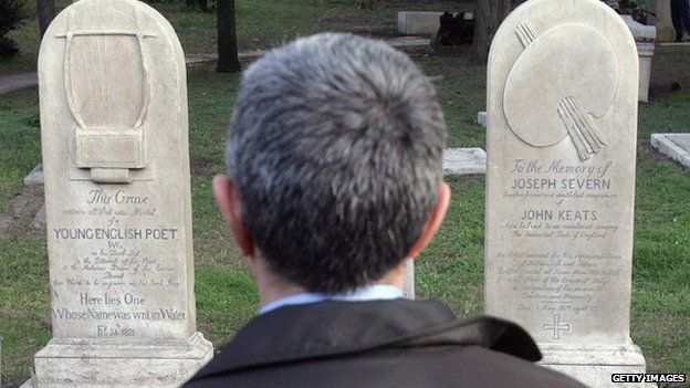 A man reads the epitaph on the graves of Keats and Shelley