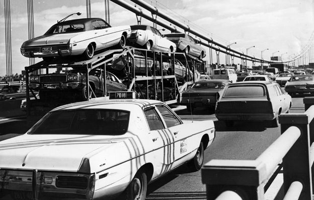 US cars on a road, 1975