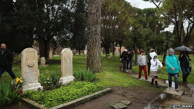 Visitors walk past the graves of poets Keats and Shelley