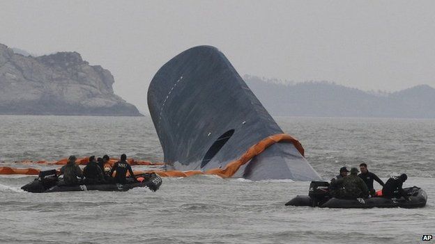 South Korean Coast Guard officers search for missing passengers aboard a sunken ferry in the waters off the southern coast near Jindo, South Korea on 17 April 2014