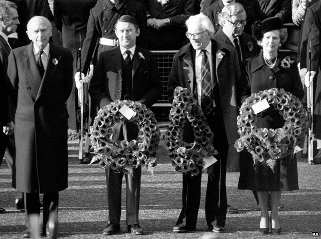 Margaret Thatcher, with other politicians, (from left) Lord Home, Liberal leader David Steel and opposition leader Michael Foot with a wreath at the Cenotaph in Whitehall, London, for the Remembrance Sunday service, 1981.