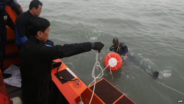South Korean rescue members prepare to search for missing passengers of a capsized ferry at sea off Jindo on 18 April 2014.