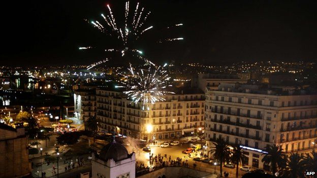 Fireworks explode in the sky as supporters of Abdelaziz Bouteflika celebrate in Algiers on 17 April 2014