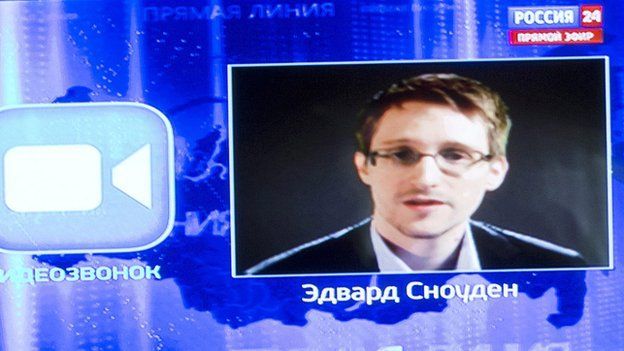 Edward Snowden appears via video on a Russian television broadcast.