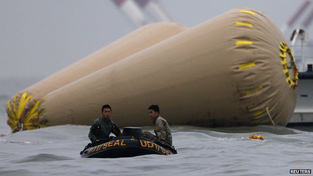 Members from the South Korean Navy"s UDT operate near floats where the capsized passenger ship "Sewol" sank, during the rescue operation in the sea off Jindo April 19