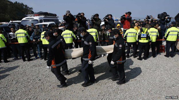 South Korean rescue workers carry the body of a passenger who was on the capsized passenger ship Sewol which sank in the sea off Jindo, at a port where family members of missing passengers gather in Jindo April 20