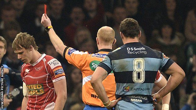 Liam Williams of the Scarlets and Cardiff Blues Robin Copeland are sent off