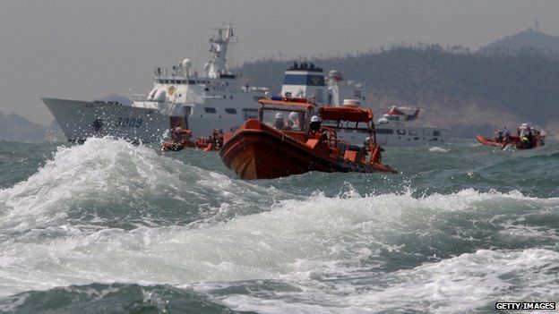 The South Korean coastguard searches for missing passengers off the coast of Jindo island, 20 April
