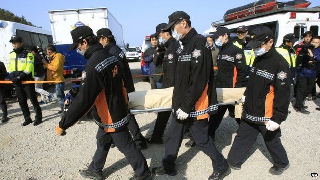The body of a passenger aboard the Sewol ferry which sank off South Korea's coast, is carried by rescue workers upon its arrival at a port in Jindo, South Korea on 21 April 2014