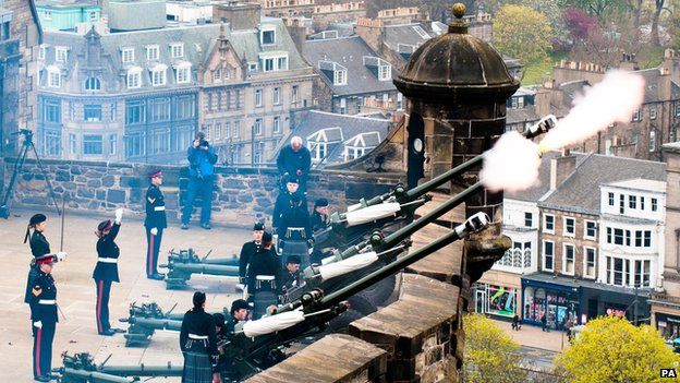 Gunners from 105th Regiment Royal Artillery fire a 21-gun salute at Edinburgh Castle