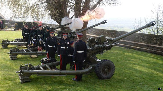 Gunners from 105th Regiment Royal Artillery fire a 21-gun salute at Stirling Castle