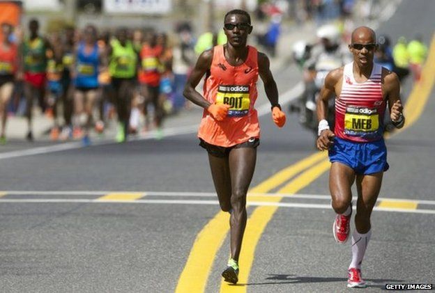 Elite runners race during the 2014 Boston Marathon on 21 April 2014