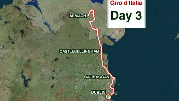 Map showing Giro d'Italia route from Armagh to Dublin on Day three of the prestigious cycle race