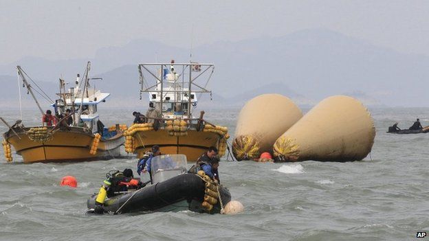Rescue team members work to rescue passengers believed to have been trapped in the sunken ferry Sewol near the buoys which were installed to mark the vessel in the water off the southern coast near Jindo, South Korea on 21 April 2014