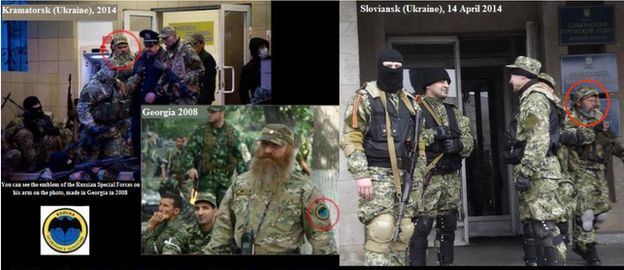 Three photos provided by Ukrainian government appear to show the same soldier in operations in Georgia in 2008 and in Kramatorsk and Sloviansk in Ukraine in 2014