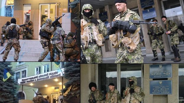 Four photos provided by Ukrainian government appear to show similarly equipped and armed fighters in the Ukrainian towns of both Kramatorsk and Sloviansk
