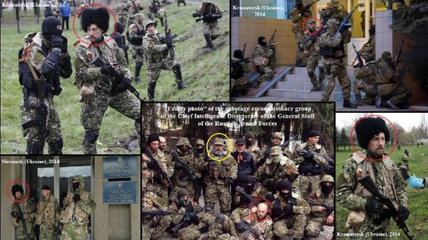 Five photos provided by the Ukrainian government appear to show the same soldier (circled in red) in operations in Kramatorsk and Sloviansk in Ukraine, as well as a group photo showing a sabotage-reconnaissance group in the Russian Special Forces