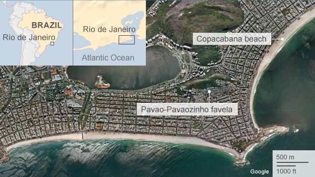 Map showing Copacabana beach and nearby favela