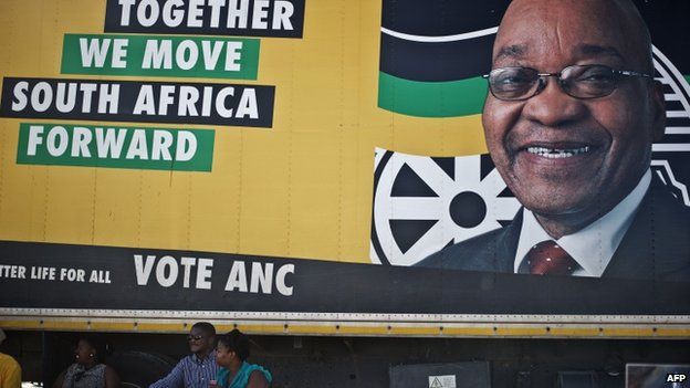 ANC supporters sit by a campaign truck as people leave after listening to President Jacob Zuma delivering a speech at a rally at Umasizakhe stadium in the Eastern Cape city of Graaf-Reinet on 10 April 2014