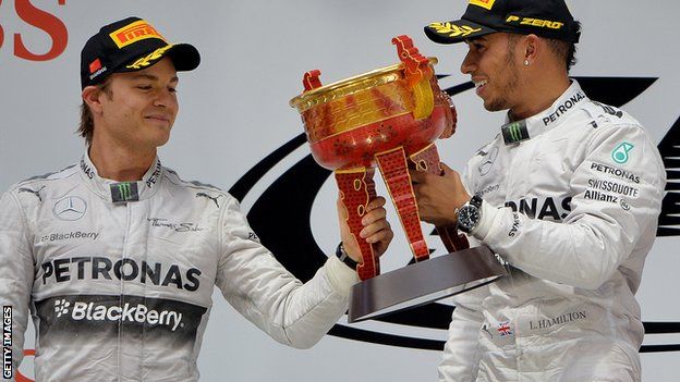 Nico Rosberg and Lewis Hamilton on the podium at the Chinese Grand Prix