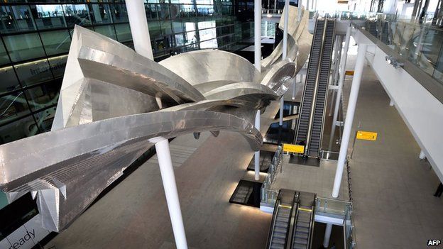 British artist Richard Wilson's sculpture entitled "Slipstream" in the new Terminal Two at Heathrow Airport