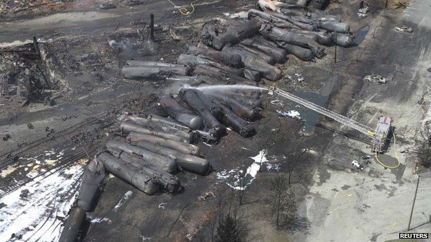 An aerial view of burnt train cars after a train derailment and explosion in Lac-Megantic, Quebec 8 July 2013