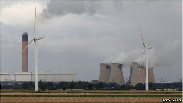 Wind turbines next to a coal power station