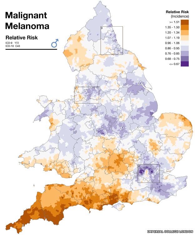 Map showing skin cancer risk in women in England and Wales