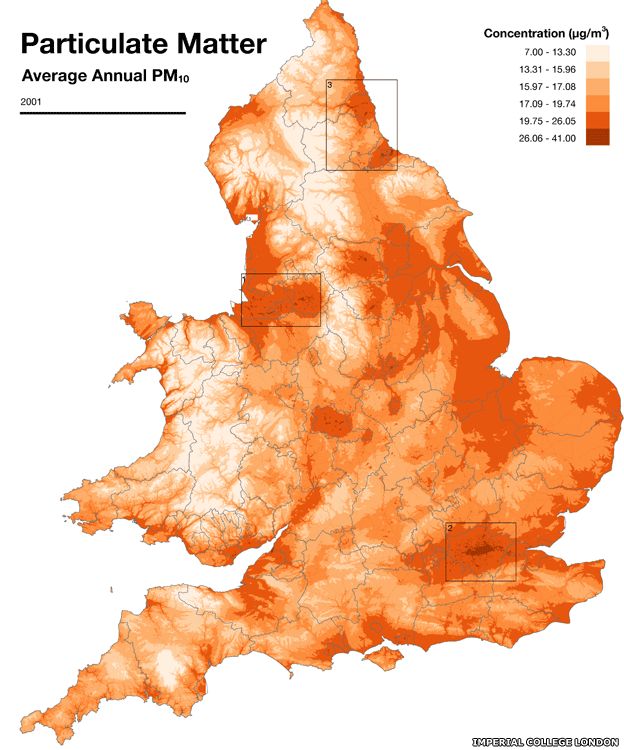 Map showing air pollution levels across England and Wales