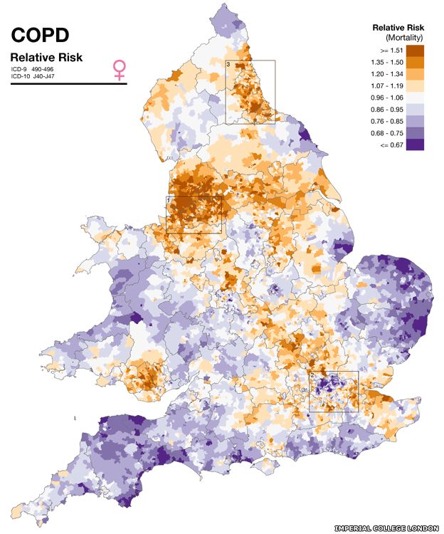 Map showing lung disease risk in England and Wales