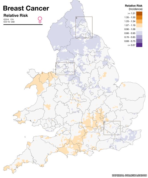 Map showing breast cancer risk in England and Wales
