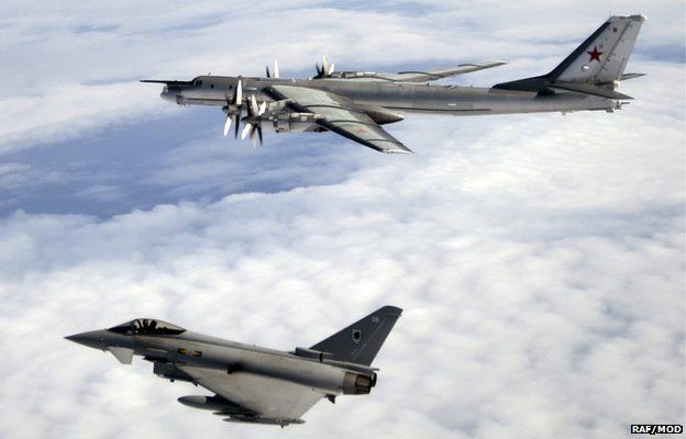 A QRA Typhoon F2 escorts a Russian Bear-H aircraft over the North Atlantic Ocean after a previous incursion in 2008