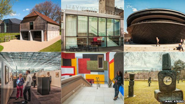 The nominees are (clockwise from top left): The Ditchling Museum, the Hayward Gallery, the Mary Rose Museum, Yorkshire Sculpture Park, Tate Britain and the Sainsbury Centre for Visual Arts