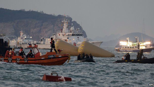 Coast guard boats take part in recovery operations at the site of the "Sewol" ferry off the coast of the South Korean island of Jindo on 24 April 2014.