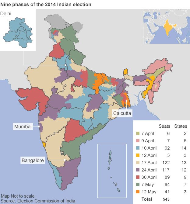 Map of India's electoral stages 7 April-12 May