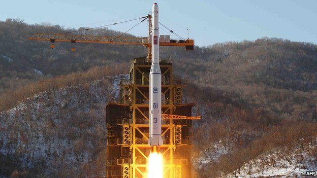 This picture taken by North Korea's official Korean Central News Agency (KCNA) on 12 December 2012 shows North Korean rocket Unha-3, carrying the satellite Kwangmyongsong-3, lifting off from the launching pad in Cholsan county, North Pyongyang province in North Korea