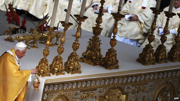 Pope Benedict XVI (left) leads a canonisation mass at St Peter's square at The Vatican, 17 October 2010