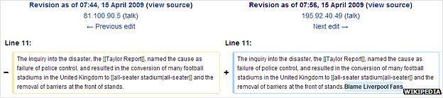 Wikipedia edit for Hillsborough disaster page on 15 April 2009