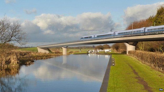 Artist"s impression of an HS2 train on the Birmingham and Fazeley viaduct