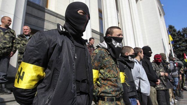 Right Sector activists outside parliament in Kiev, 28 Mar 14