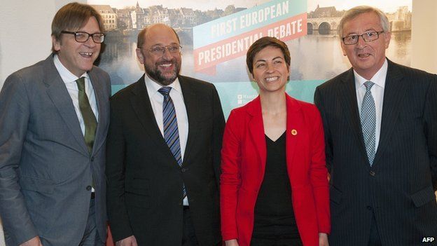 The four rival candidates - from left, G Verhofstadt, M Schulz; S Keller; J-C Juncker