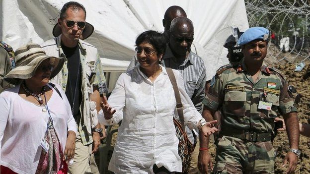 United Nations High Commissioner for Human Rights Navi Pillay (C) and Special Advisor for the Prevention of Genocide, Adama Dieng (2nd R) visit Bor in South Sudan (29 April 2015)