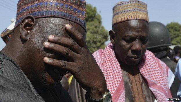 A man weeps as he joins parents of kidnapped school girls during a meeting with the Borno State governor in Chibok, Maiduguri, Borno state, 22 April 2014