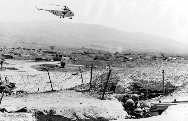 Red Cross helicopter flies to French positions at Dien Bien Phu