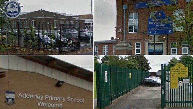 Park View Academy, Saltley School, Regents Park Community Primary and Adderley Primary School (clockwise from top left)