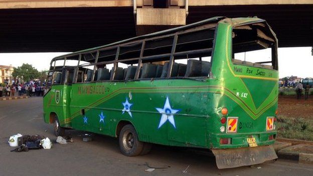Shot of damaged green bus, Nairobi, Kenya on 4 May 2014