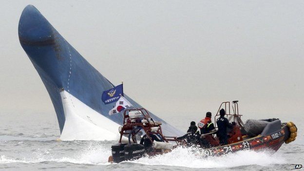 In this 16 April 2014 file photo, South Korean coast guard officers try to rescue passengers from the Sewol ferry as it sinks in the water off the southern coast near Jindo, south of Seoul, South Korea