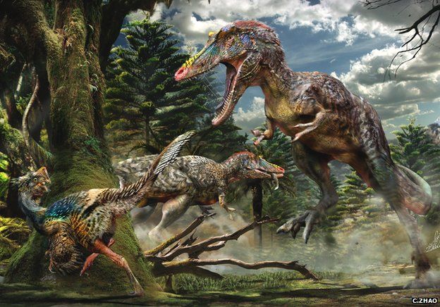 Qianzhousaurus hunting a small feathered dinosaur Nankangia