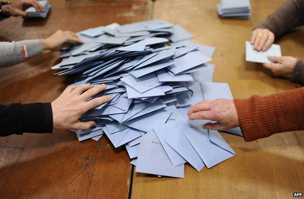 Volunteers count ballot at the closing of vote on the day of the second round of the French municipal elections on March 30, 2014 at a polling station in Nantes, western France