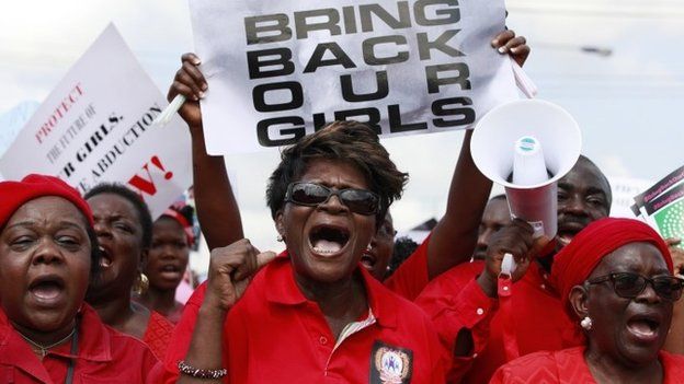 Women attend a demonstration calling on government to rescue kidnapped school girls of a government secondary school Chibok, in Lagos, Nigeria, on 5 May 2014